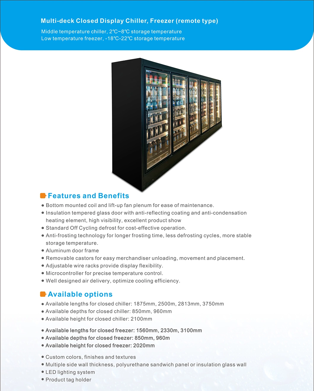 High Efficiency Multi-Deck Closed Display Chiller Freezer Commercial Refrigeration Equipment for Supermarket and Store